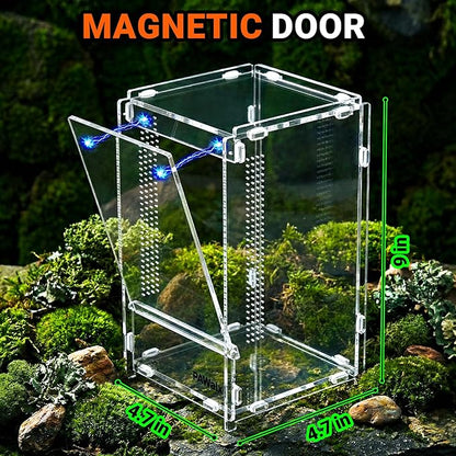 Jumping Spider Enclosure, Acrylic Terrarium with with Magnetic Doors, 0.8mm Micro-Ventilation, Stackable Escape-Proof Habitat for Jumping Spiders, Tarantulas & Small Reptiles, 4.7"x4.7"x9"