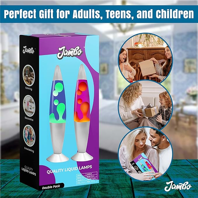 JAMBO 2 Pack- 16" Beautiful Lamp- Blue with Yellow/Green Wax and Purple with Yellow Wax, Relaxing Liquid Lamp, Night Light Nightlight, Lamps for Adults Teens Kid