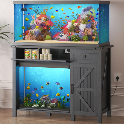 40 Gallon Aquarium Stand With Charging Station, Farmhouse Fish Tank Stand, Reptile Tank Stand Terrarium Stand with Drawer and Cabinet Storage, Sturdy Heavy Duty 41.9"×18.3" Tabletop - Black