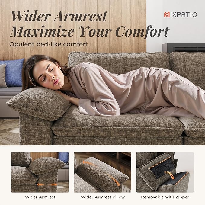 U-Shaped Cloud Modular Sofa Set, Deep Seat 3-Piece 6-Seater Sectional Couch & Removable Arms, Plush Chenille for Living Room - Smoky Gray