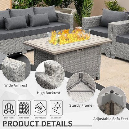 WAROOM Patio Furniture Set 6 Piece Grey Wicker Outdoor Sectional Sofa Balcony Furniture Couch PE Rattan Conversation Sets with Fire Pit Table, Grey Cushion