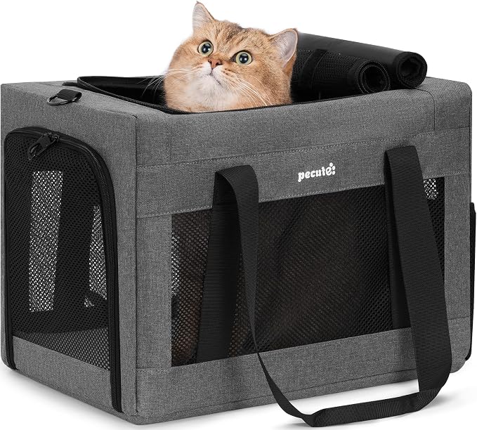 Pecute Cat Carrier, Portable Travel Dog Carrier with Stable Structure, Grey | Larger Space, 360° Ventilation & Comfort, Escape-Proof, for Travel / Car Trips / Vet Visits, Fits Cats up to 11 lbs