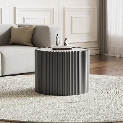 Grey Round Coffee Table with Sintered Stone Tabletop, 17.71" Drum Coffee Table with Fluted PU Leather Covered and Stable Base, Circle Cocktail Tea Table for Living Room