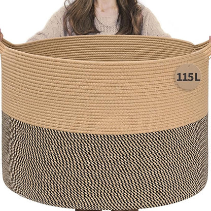INDRESSME 115L Extra Large Blanket Basket, Woven Baskets for Storage, Wicker Storage Basket for Organizing Woven Laundry Baskets for Toy Pillow Shoe Entryway, Camel & Mix Camel