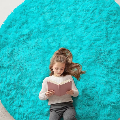 OLANLY Teal Blue Round Rugs for Bedroom - Machine Washable, 7 ft Circle Area Rugs for Living Room, Soft and Fluffy Shaggy Carpet for Teen Girls and Boys, Nursery Rooms, Dorms, Home Decor Aesthetic