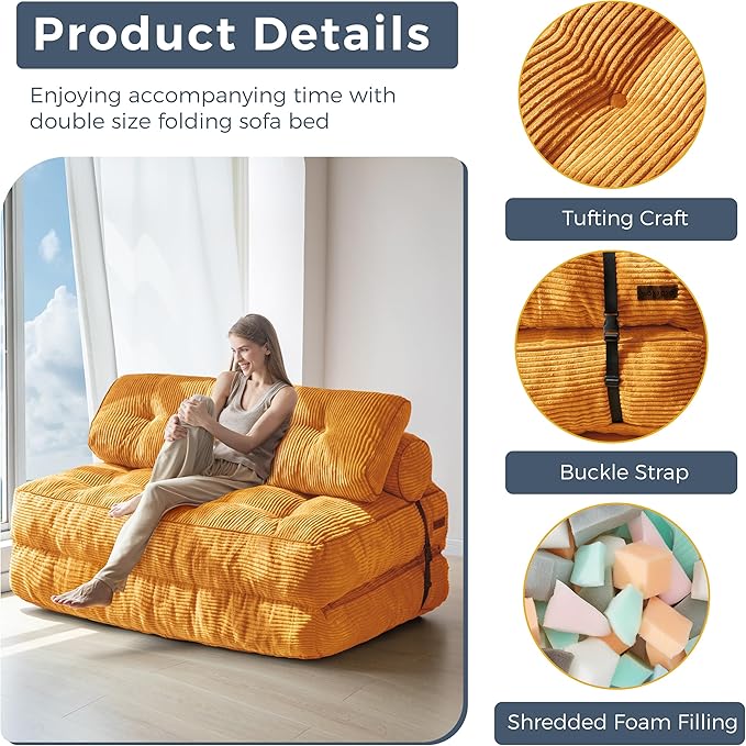 MAXYOYO Folding Sofa Bed, Convertible Sleeper Chair with Pillow Foldable Matress with Back Support, Portable Fold Out Chair Bed Comfy Floor Sofa Lounge for Living Room Bedroom, Orange Double