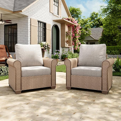 Patio Furniture Set 2 pcs, Wicker Outdoor Patio Furniture, 2 Single Chairs, Rattan Patio Conversation Set for Backyard Deck, Beige