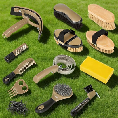 Horse Grooming Kit, 14-in-1 Professional Horse Brush Supplies Set for Grooming & Care, with Horse Brushes, Curry Comb, Hoof Pick & Waterproof Storage Tote Bag for Shining, Detangling, Massaging(Khaki)