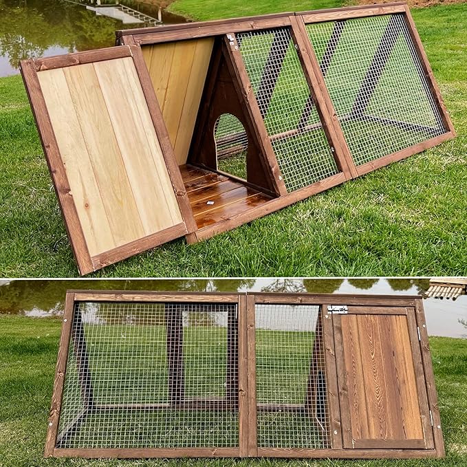 Outdoor Chicken Coop Wooden A-Frame Small Animal Coop Rabbit House Quail Cages with Outdoor Runs & Ventilated Wire Fence Suitable for Garden Backyard Farms 47 x 18 x 19.5 in (Brown)
