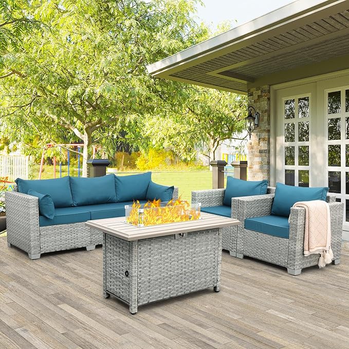 WAROOM Patio Furniture Set 4 Piece Wicker Conversation Sets PE Rattan Chair Outdoor Couch Sectional Sofa with Fire Pit Table, Peacock Blue Cushion