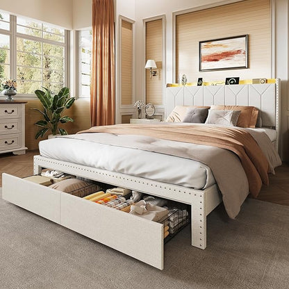 WLIVE Queen Size Upholstered Bed Frame with 2 Drawers, Linen Tufted Storage Headboard with Charging Ports and LED Light, Sturdy Metal & Wooden Slats Support, No Box Spring Needed, Beige