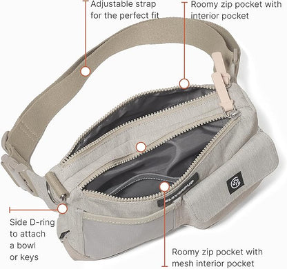 Dog Walk & Train Sling Bag - Hands-Free 2-In-1 Treat Pouch, Poop Bag Holder, Clicker, Phone Pocket - Crossbody/Fanny Pack, Adjustable Strap - Sand