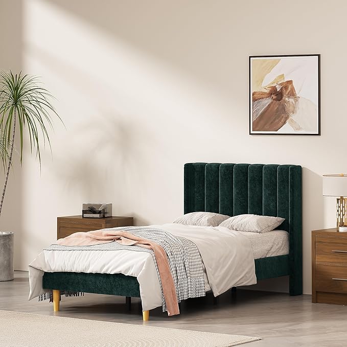 Twin Size Upholstered Platform Bed Frame with Modern Wingback & Vertical Panel Headboard, Velvet Fabric, Wooden Legs & Slats Support, No Box Spring Needed, Noise-Free & Easy Assembly, Ink Green