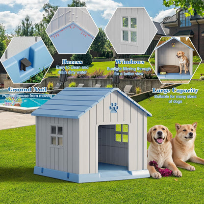 Large Dog House Outdoor Indoor for Medium Large Dogs, Durable Plastic Waterproof Doghouse with Air Vents and Elevated Floor, Easy Clean and Assemble (Blue, 31" L x 33.3" W x 33.5" H)