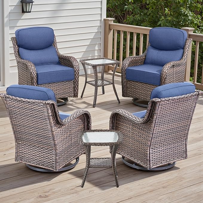 Rilyson Outdoor Patio Furniture Set - Weather Resistant Wicker,High Back,6 inch Cushions,6 Piece Patio Furniture Set with Swivel Rocker Chairs and Side Table for Deck Porch Yard,Brown/Blue