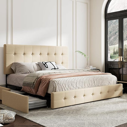 MUTICOR King Size Bed Frame with 4 Storage Drawers, Upholstered Platform Bed with Button Tufted Adjustable Headboard, No Box Spring Needed, Easy Assembly, Square Tufted, Beige Fabric