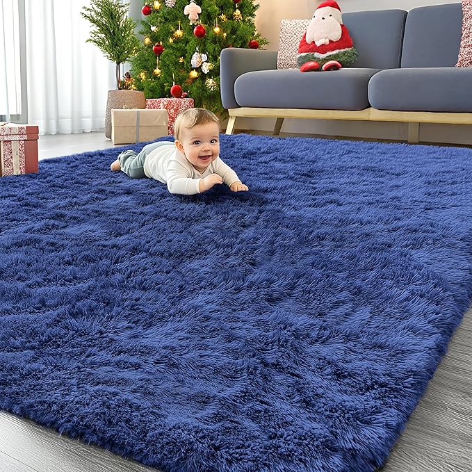 OLANLY 8x10 Machine Washable Large Area Rugs for Living Room, Bedroom, Soft Fluffy Shaggy Bedside Rug, Indoor Floor Carpet for Kids Girls and Boys, Dorms, Nursery, Home Decor Aesthetic, Navy Blue