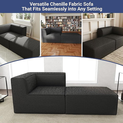 76" Sectional Compressed Sofa Modular Couches,High-Density Foam No Assembly Required, 2-Piece(1x Corner 1x Ottoman) for Living Room, Chenille Dark Gery
