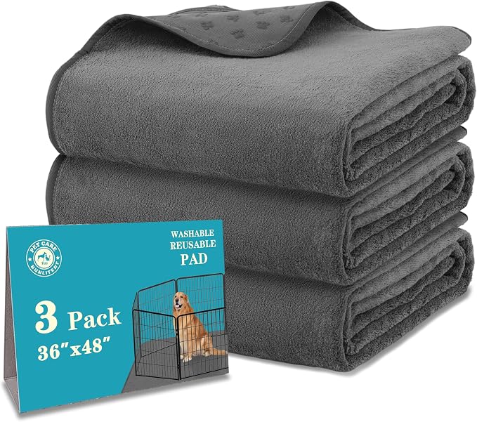 Bunlitent Washable Pee Pads for Dogs, 36" x 48", Gray, 3 Packs, Quick-Dry | Non-Slip, Fast Absorbent, Waterproof, Reusable, For Incontinence, Housebreak, Crate, For Puppy, Senior Dog