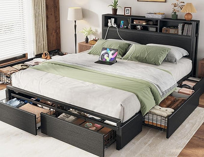 EnHomee Queen Bed Frame with 6 Storage Drawers Queen Size Bed Frame with Headboard, Storage Bed with Charging Station, No Noise,No Box Springs Needed,Black