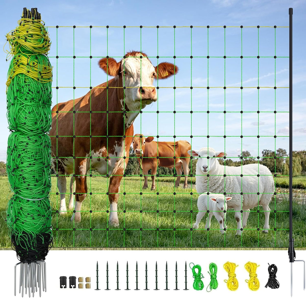 Electric Fence Netting, 164'L x 47.2" H Electric Chicken Fence Kit for Livestock, Farms, Backyards, Garden, Assembled Double Spiked Portable Electric Poultry Farm Fence