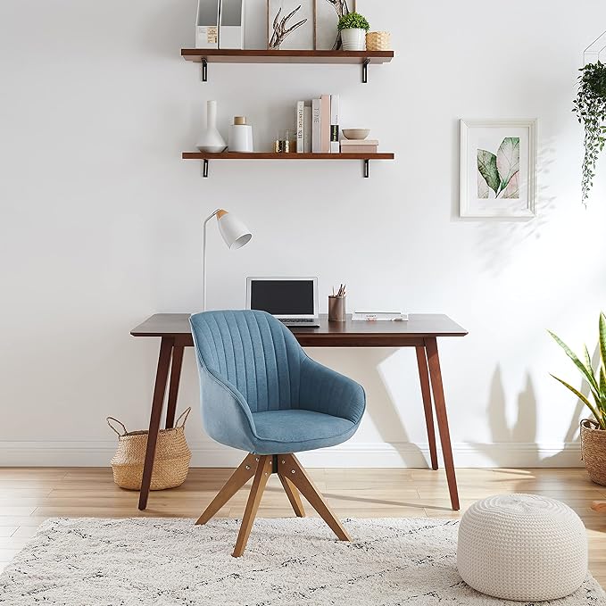 Art Leon Office Chair No Wheels, Mid Century Modern Desk Chair No Wheels, Swivel Accent Chair with Solid Wood Legs, Upholstered Arm Chair for Small Spaces Living Room Bedroom, Blue