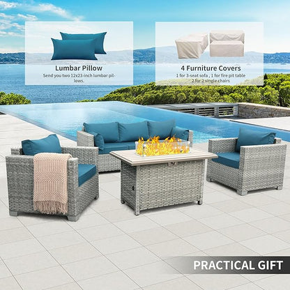 WAROOM Patio Furniture Set 4 Piece Wicker Conversation Sets PE Rattan Chair Outdoor Couch Sectional Sofa with Fire Pit Table, Peacock Blue Cushion