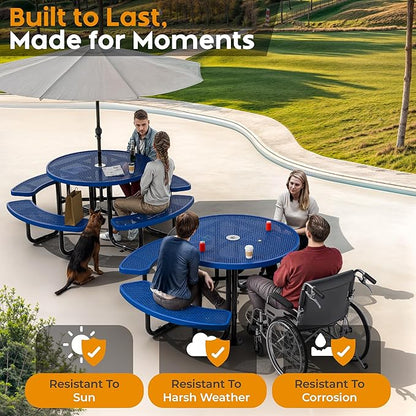 Metal Picnic Tables for Outdoors with Umbrella Hole - Coated Steel Heavy Duty Commercial Grade Furniture Set with Adjustable Seats (Blue, 46 in, Round, Expanded Steel)
