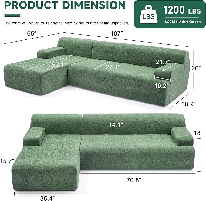 107” Chenille Modular Sectional Sofa, Boneless Couch Modern Sponge Sofa for Living Room, High Density Sponges Cloud Couch Sectional, L-Shape Couches for Living Room, Green