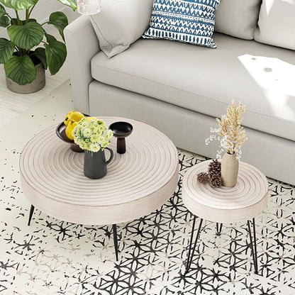 COZAYH 2-Piece Modern Farmhouse Living Room Coffee Table Set, Round Table Natural Finish with Handcrafted Wood Ring Motif, White