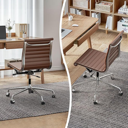 OTDMEL Armless Ribbed Office Desk Chair with Top Grain Leather, Mid Back Ergonomic Swivel Room Chair, Adjustable Height 5-Star Base, Brown
