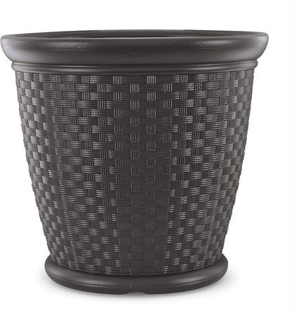 Suncast 2 Pack Sonora 22 Inch Plastic Wicker Indoor or Outdoor Decorative Garden Flower Planter for Entryways, Porch, and Backyard Patios, Dark Brown