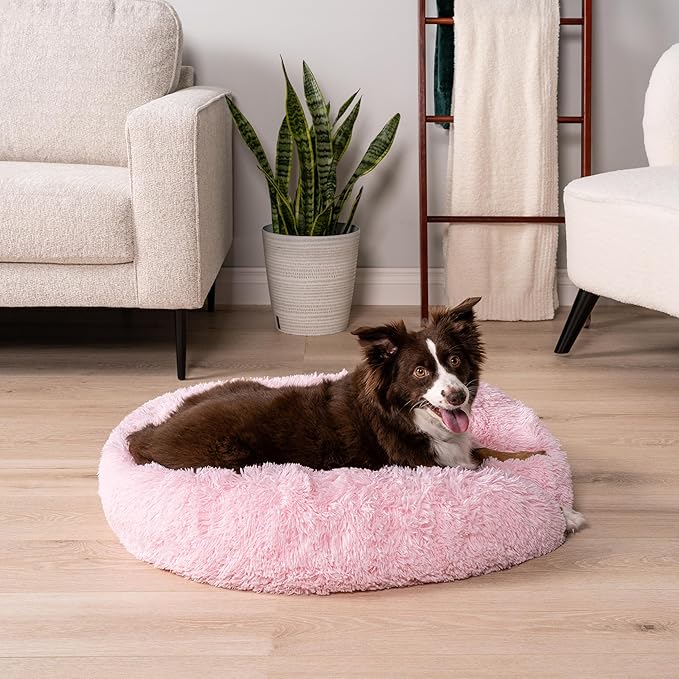 PetAmi Calming Dog Bed for Small Medium Dog Cat, Round Donut Dog Bed Washable, Fluffy Faux Fur Plush Cuddler Pet Kitten Cushion Bed, Anti-Slip, Fits up to 45 lbs, 30 inch, Pink