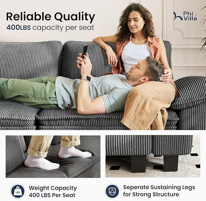 PHI VILLA Indoor Lounge Sofa Chair, One-Person Oversized Sectional Sofa with Ottoman, Single Chaise with Upholstered Deep Seat for Bedroom Reading, Corduroy Fabric, Grey