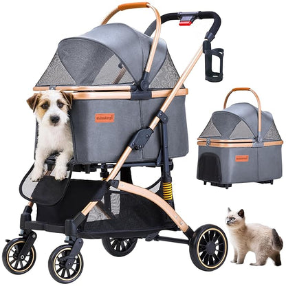 Pet Stroller for Small Medium Dogs, Lightweight Small Dog Stroller for Dogs Cats with 6 Shock Absorption System, Detachable Carrier Suitable for Car Seat & Hand Carry, Safe Outings, Gray