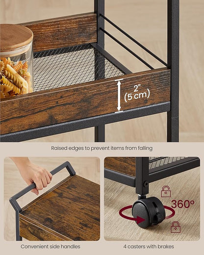 VASAGLE Storage Cart, 4-Tier Rolling Utility Cart with Table Top, Handles, 4 Lockable Casters, Top Drawer, Mesh Shelves, for Kitchen, Bathroom, Bedroom, Rustic Brown and Ink Black ULRC049K01