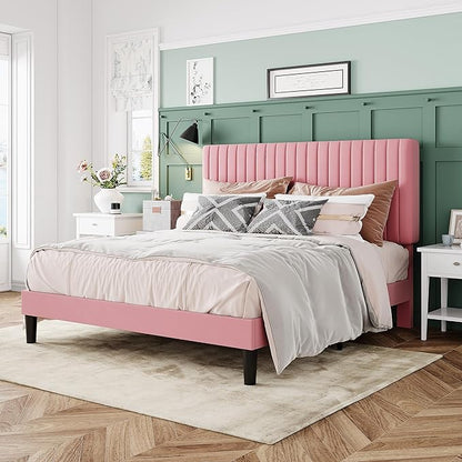 Allewie Full Bed Frame, Velvet Upholstered Platform Bed with Adjustable Vertical Channel Tufted Headboard, Mattress Foundation with Strong Wooden Slats, Box Spring Optional, Easy Assembly, Pink