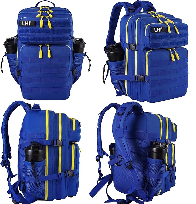 LHI Military Tactical Backpack for Men and Women 45L Army 3 Days Assault Pack Bag Large Rucksack with Molle System - Blue with yellow zipper