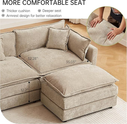 saows Modular Sectional Sofa, 147.2 Inch U Shaped Couch Set with Armrests, 4-Seater Comfy Cloud Couches with Movable Ottoman for Living Room Apartment, Coffee