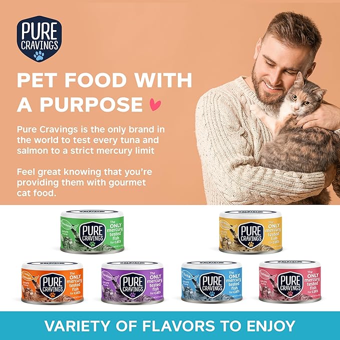 Pure Cravings Wet Cat Food Canned Tuna and Salmon Cutlets in Gravy, 100% Mercury-Tested, Moist Can Fish for Cats, Grain-Free, Protein, Non-GMO, Pack of 12