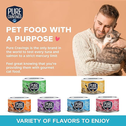 Pure Cravings Wet Cat Food Canned Tuna and Salmon Cutlets in Gravy, 100% Mercury-Tested, Moist Can Fish for Cats, Grain-Free, Protein, Non-GMO, Pack of 12
