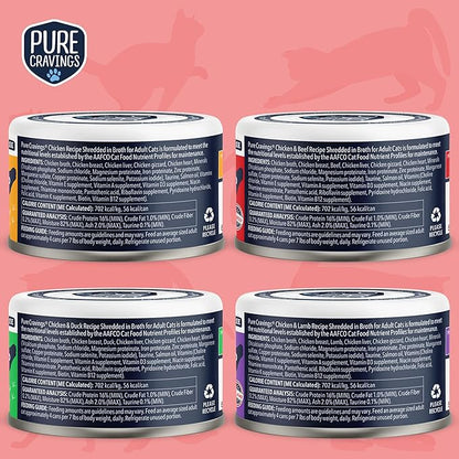 Pure Cravings Chicken Recipe in Broth, Shredded Wet Cat Food, Variety Flavor Pack: Chicken, Lamb, Duck, Beef; Grain-Free Protein, Non-GMO