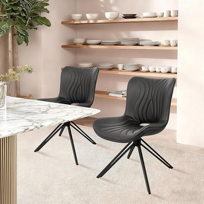 VATROS Dining Chairs Set of 2, 360° Swivel Upholstered Mid-Century Modern Kitchen Dining Room Chairs, Armless Faux Leather Accent Side Chair with Padded Back, Metal Leg, Black
