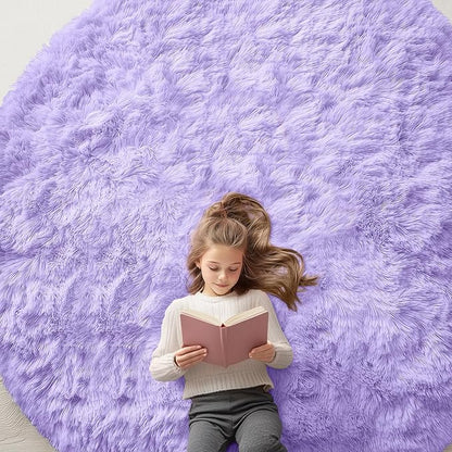 OLANLY Light Purple Round Rugs for Bedroom - Machine Washable, 8 ft Circle Area Rugs for Living Room, Soft and Fluffy Shaggy Carpet for Teen Girls and Boys, Nursery Rooms, Dorms, Home Decor Aesthetic