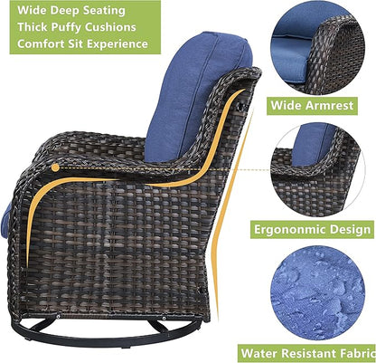 Rilyson Wicker Patio Furniture Set - 6 Piece Rattan Outdoor Sectional Conversation Sets with 2 Swivel Rocking Chairs,2 Ottomans,1 Loveseat and 1 Coffee Table for Porch Deck Garden(Brown/Blue)
