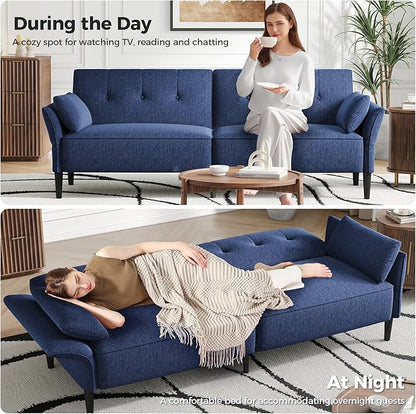 89” Futon Sofa Bed,Comfy Futon Couch Bed with 2 Square Pillows,Convertible Sleeper Sofa with Adjustable Backrest& Armrests, Modern Loveseat Sleeper for Living Room, Bedroom, Linen Blue