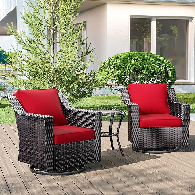 3 Pieces Wicker Patio Furniture, Luxury Outdoor Rattan Furniture with 2 Patio Swivel Chair,Side Table, Wide Armrest, Thickened Cushions, Ideal for Deck, Porch Use