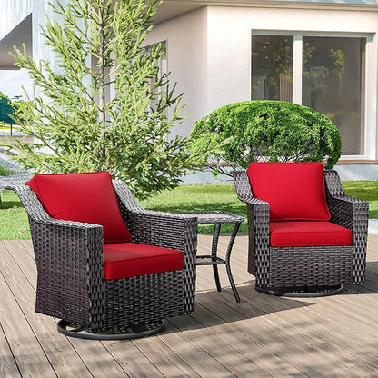 3 Pieces Wicker Patio Furniture, Luxury Outdoor Rattan Furniture with 2 Patio Swivel Chair,Side Table, Wide Armrest, Thickened Cushions, Ideal for Deck, Porch Use