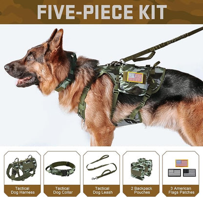 Forestpaw Tactical Dog Harness Tactical Dog Collar with Bungee Leash Set,No Pull Military Dog Harness for Walking Training,Adjustable for Medium Large Dogs,Camouflage Green,Chest 27-40"