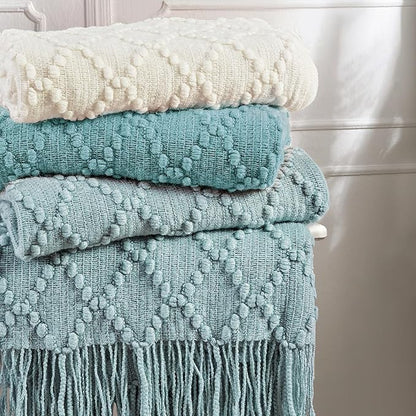 BOURINA Blue Throw Blanket 50 x70 Inches Jacquard Argyle Throw Textured Solid Soft Throws and Blankets for Sofa or Bed Knitted Decorative Blanket